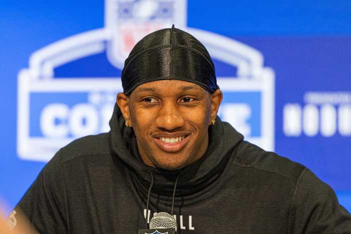 Mar 1, 2024; Indianapolis, IN, USA; Washington quarterback Michael Penix (QB08) talks to the media during the 2024 NFL Combine at Lucas Oil Stadium.
